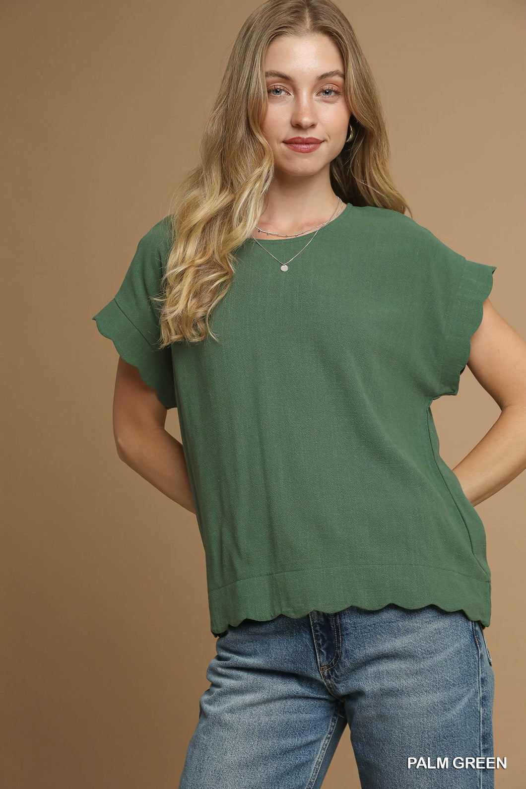 Scallop Hem Linen Blend Top