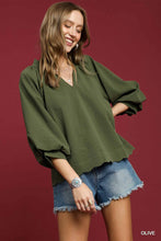 Load image into Gallery viewer, Split V Neck Top with Balloon Sleeves
