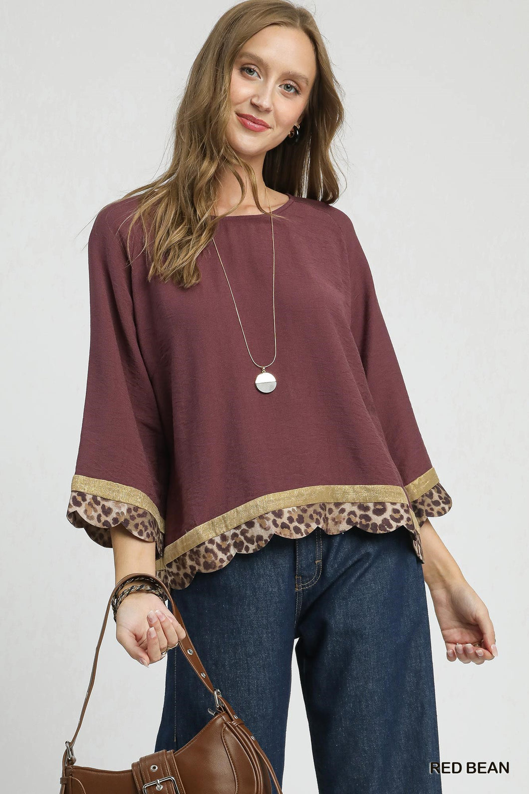 Boho Top with Leopard Trim & Wide Sleeves