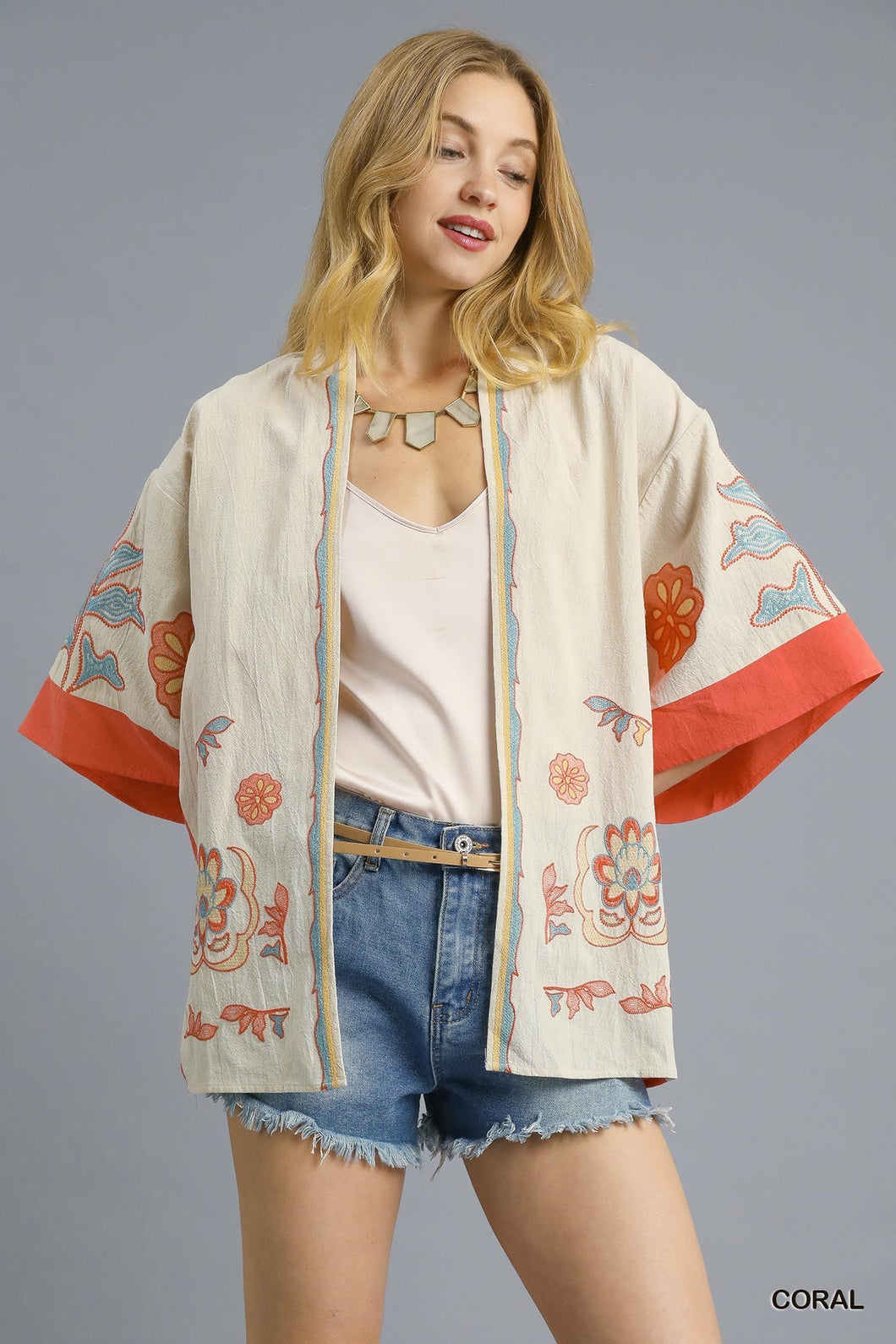 Boho Embroidered Open Front Kimono