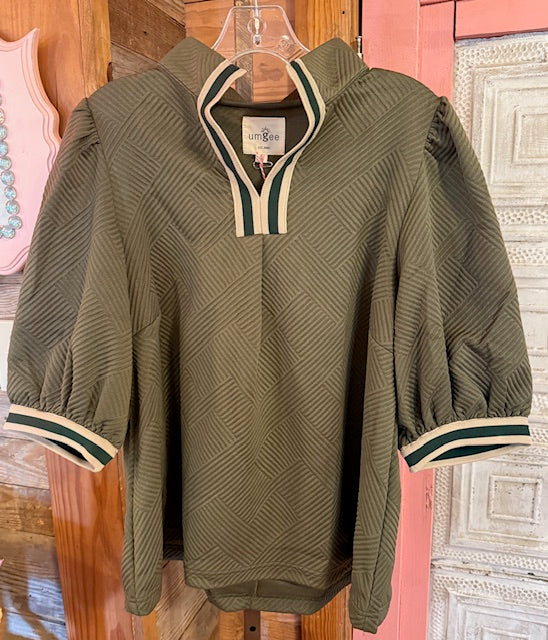 Textured Knit Half-Zip Top with Stripe Trim