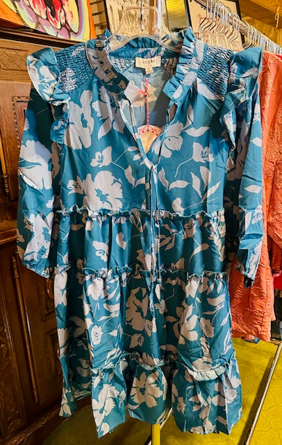 Tiered Floral Print 3/4 Sleeve Ruffle Neck Tie Dress