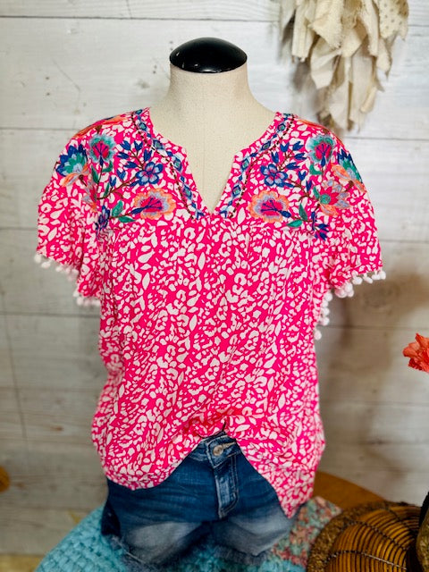 Pink Floral Pom Pom Top