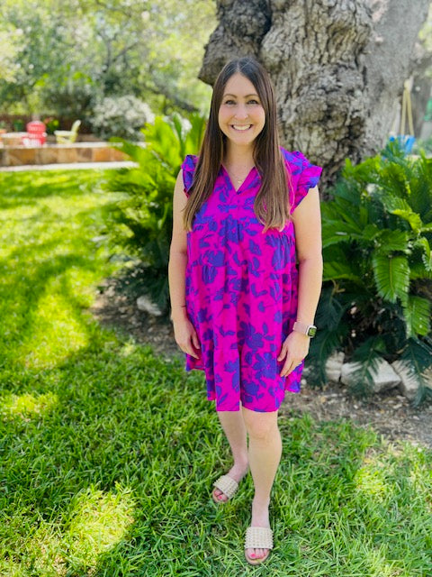 Magenta Floral Flutter Sleeve Dress