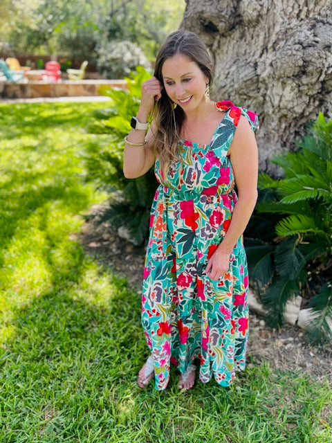 Green Floral Smocked Dress