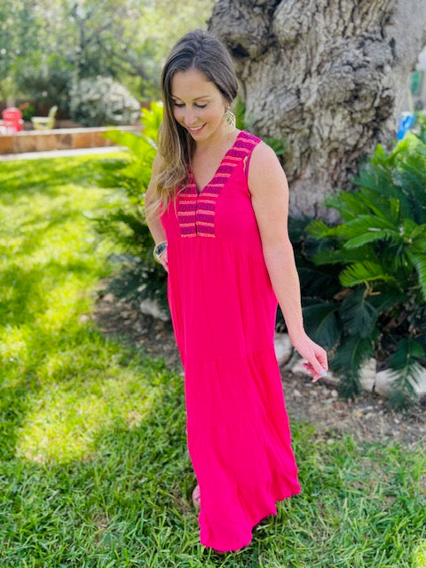 Hot Pink Embroidered Maxi Dress