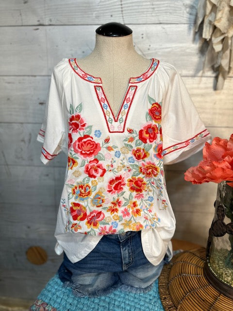White Embroidered Floral Tee
