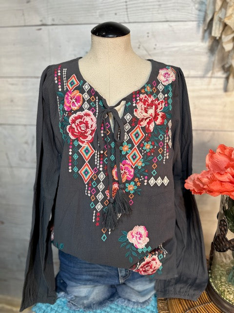 Charcoal Bell Sleeve Embroidered Top