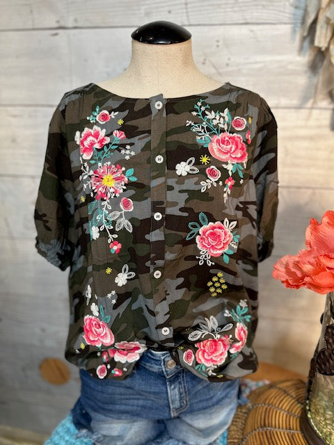 Green Camo Floral Embroidery Top