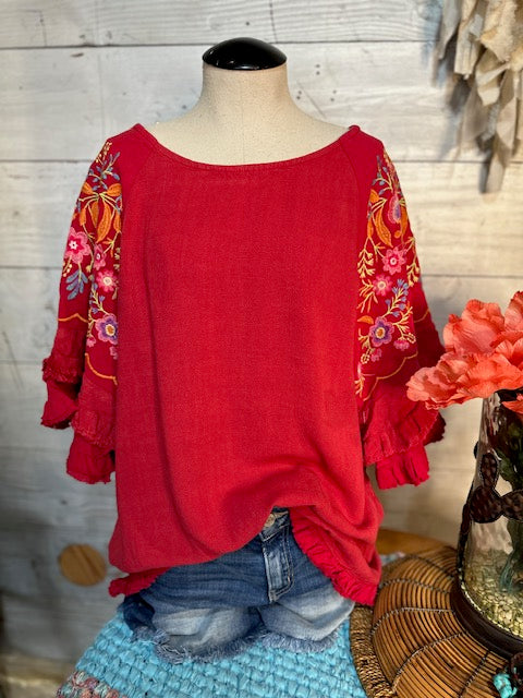 Embroidered Floral Sleeve Scarlet Blouse