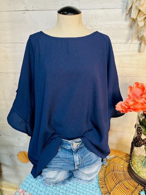 Layered Ruffle Sleeve Navy Top