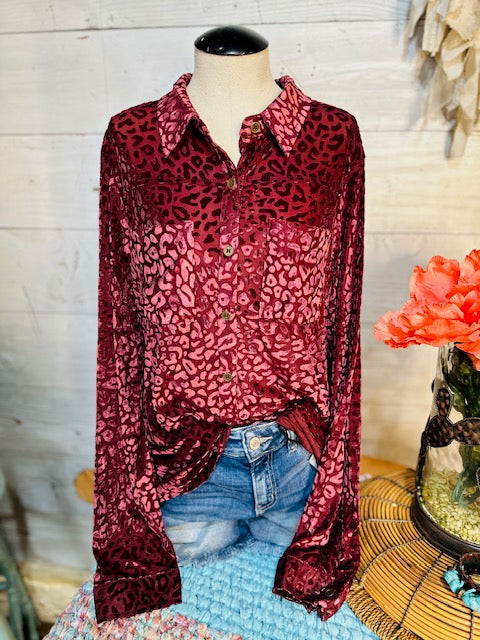 Wine Leopard Button Down Blouse