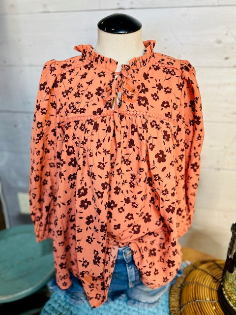Rust Floral Blouse With Tie Front