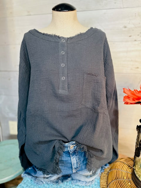 Henley Button Front Pocket Top