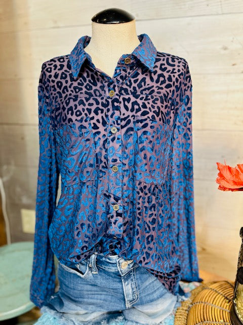 Animal Print Long Sleeve Velvet Button up Top with Pockets