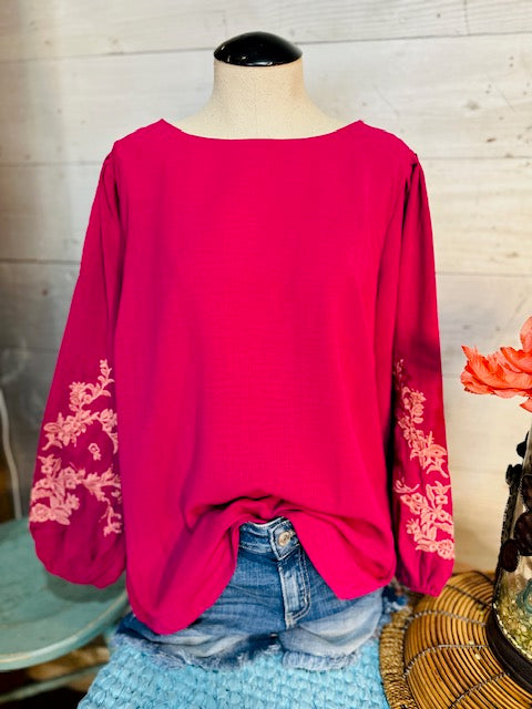 Solid Balloon Sleeve Round Neck Top with Embroidery Detail