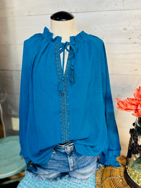 Beaded Blouse with Ruffle Neck & Tie