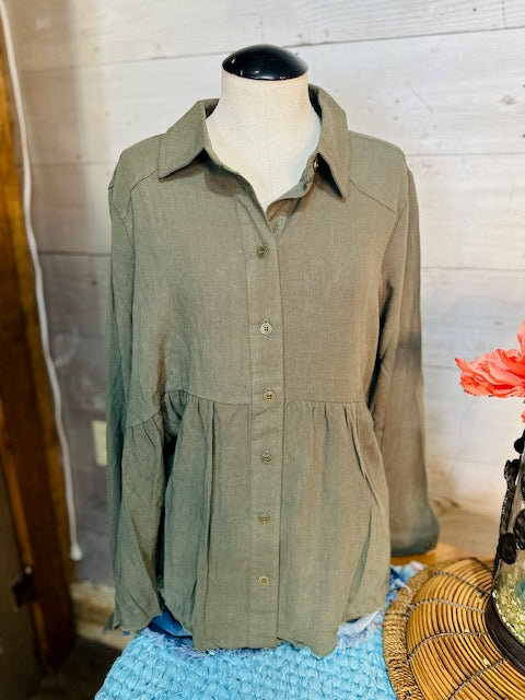 Linen Blend Button Down Collar BabyDoll Shirt