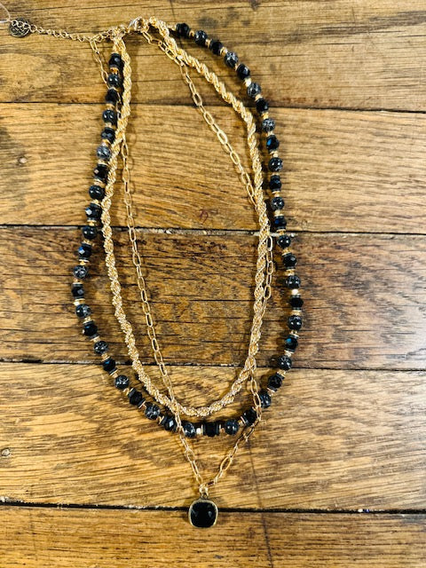 Black Stone 3 Strand Necklace
