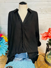 Load image into Gallery viewer, Linen Blend Top with Half Button Detail and Frayed Hemline
