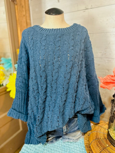 Cuffed Long Sleeve Chenille Cable Knit Pullover Sweater
