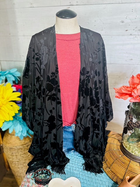 Two-Tone Floral Burnout Velvet with Tassel Fringe Kimono