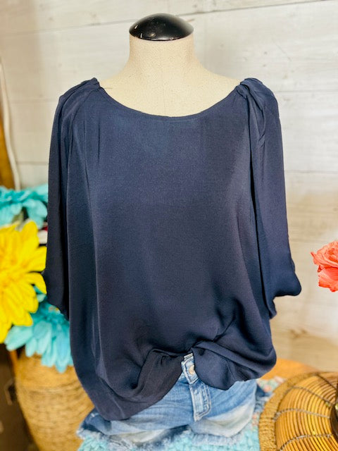 Navy Puffed Sleeve Blouse