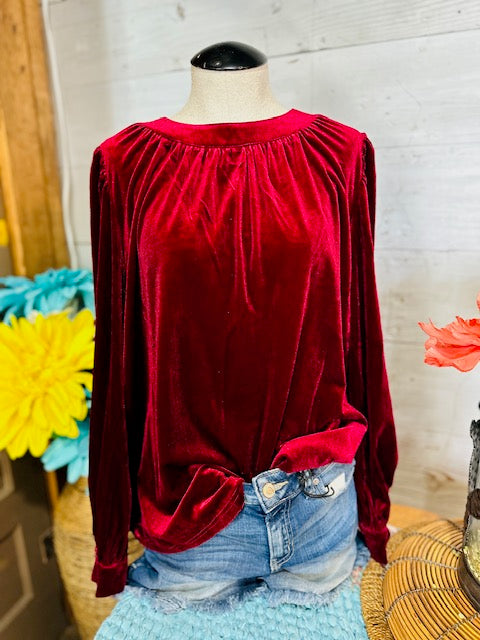 Burgundy Velvet Long Peasant Sleeves Top