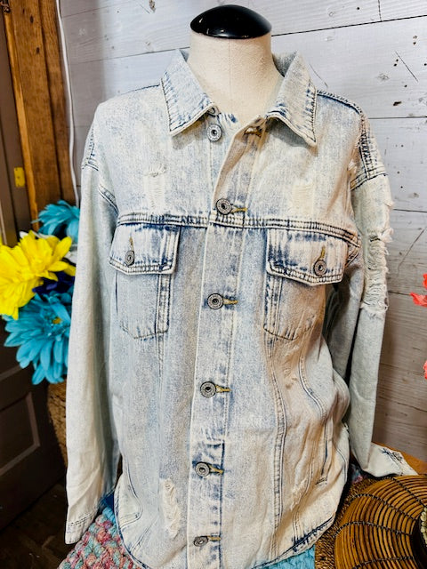 Acid Washed Distressed Denim Jacket with Pockets