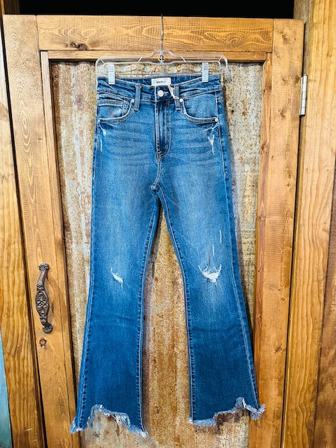 PREMIER HIGH RISE DISTRESSED FLARE JEANS