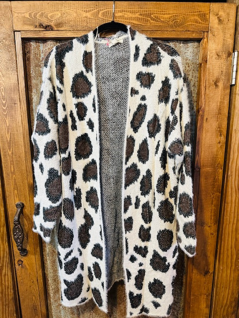 Animal Print Long Sleeve Fuzzy Long Open Front Sweater Cardigan