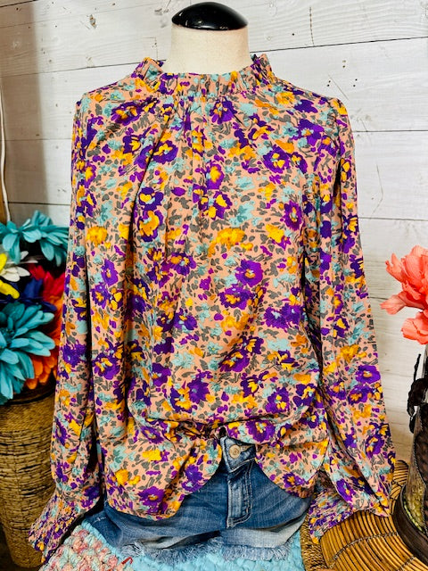 Floral Print Long Sleeve Mock Neck Top
