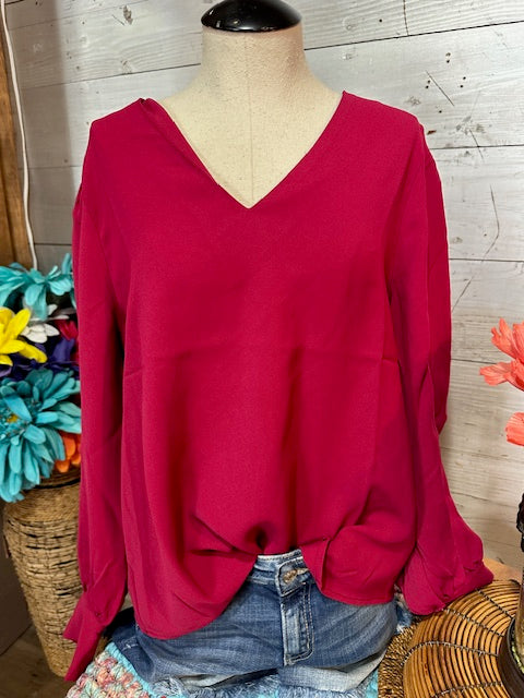 Burgundy Solid Long Peasant Sleeves Top