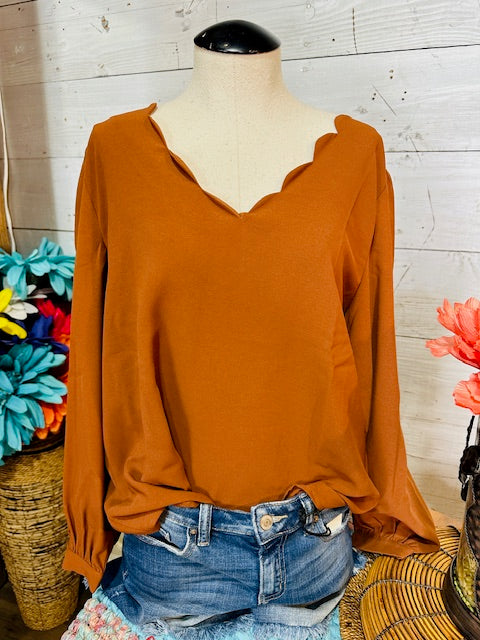 Toffee Solid Scallop Neck Top