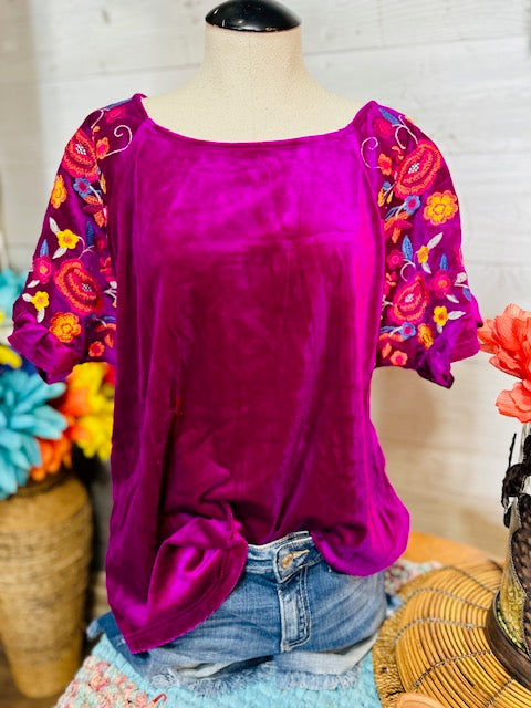 Violet Velvet Embroidery Short Ruffle Sleeve Top