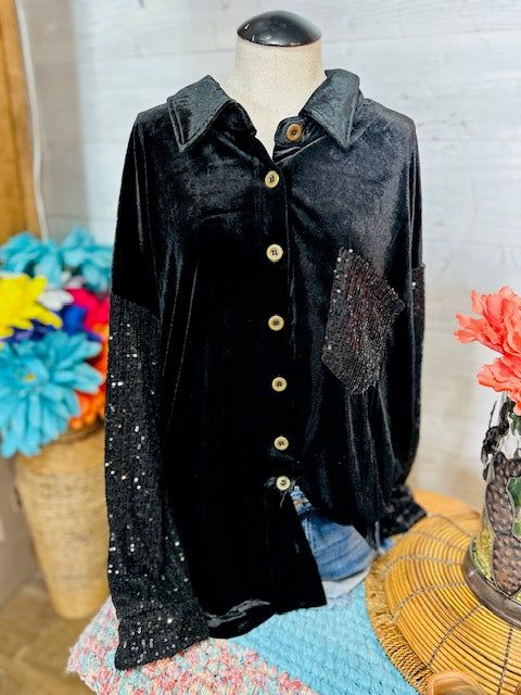 Velvet Collar Button Down Jacket with Sequin Sleeves & Chest Pocket