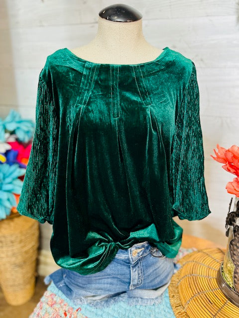 Round Neck Pleated Balloon Sleeve Velvet Top