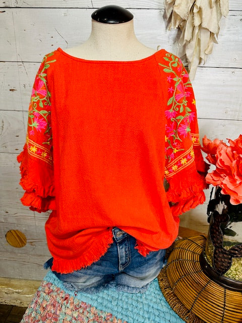 Linen Blend Top with Embroidery Bell Sleeve & Unfinished Frayed Hem