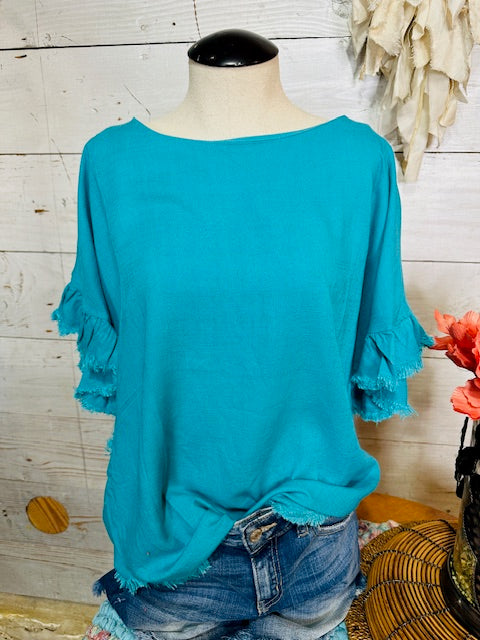 Linen Blend Short Ruffle Sleeve Round Neck Top with Frayed Scoop Hem