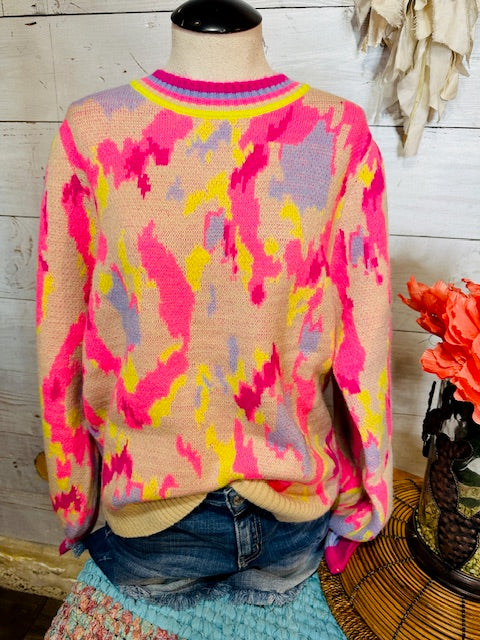Abstract Print Balloon Sleeve Pullover
