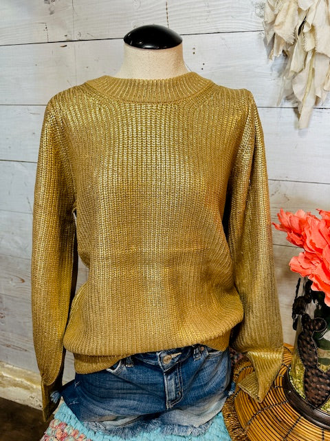 Gold Metallic Knit Lantern Sleeves Pullover