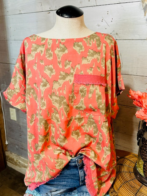 Animal Print Boxy Cut Top with Pocket & Fray Details