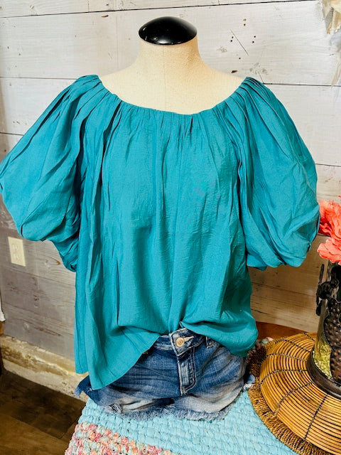 Round Neck Pleated Top and Shirring Details with Short Balloon Sleeves