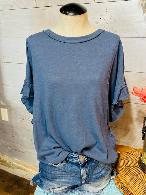 Crewneck Knit Boxy Cut Top with Ruffle Batwing Sleeves