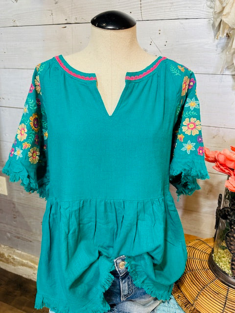 Baby Doll Blouse with Embroidered Sleeves