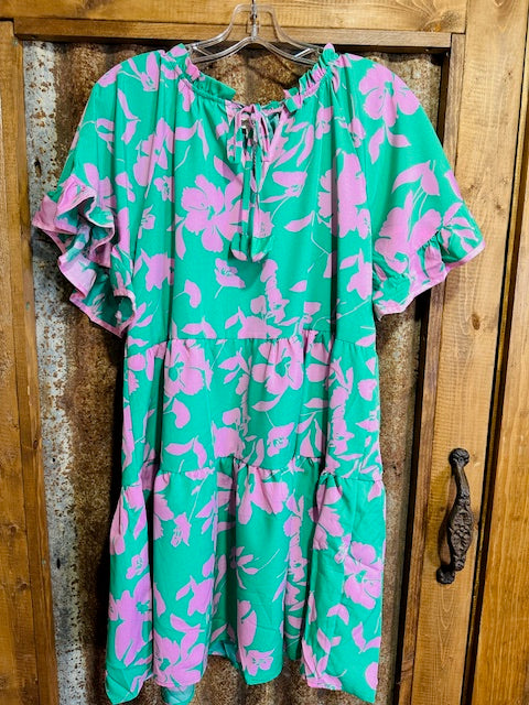 Two Tone Floral Print Tiered A-Line Dress with Ruffle Sleeves & Front Tie