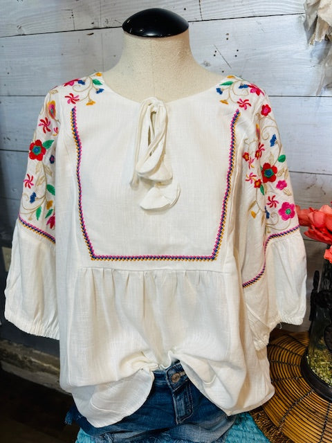 Linen Embroidery Top with Front Tassel