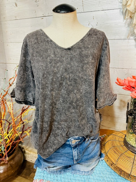 Mineral Washed V-Neck Ruffled Sleeve Top