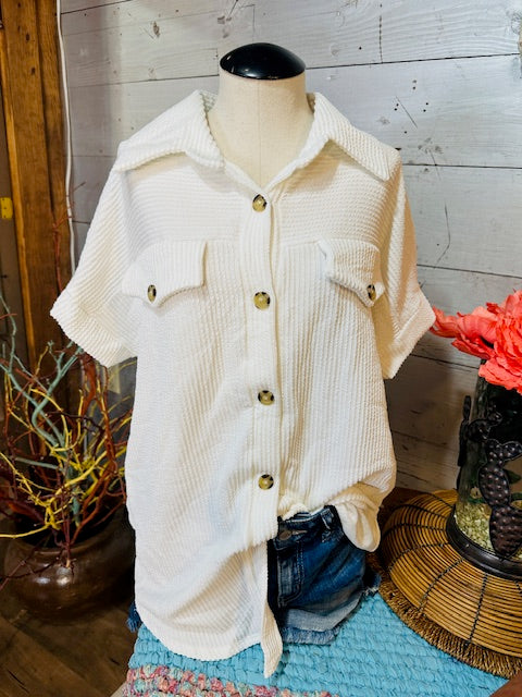 Solid Ribbed Button Down Top