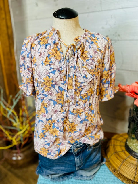 Floral Tie Up Ruffle Top